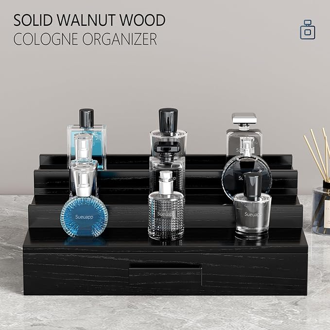 Walnut Wood Cologne Organizer for Men,3 Tier Cologne Stand,Cologne Shelf Display Holder,Perfume Stand Organizer with Hidden Compartment and Drawer,Great Gift for Men,Black