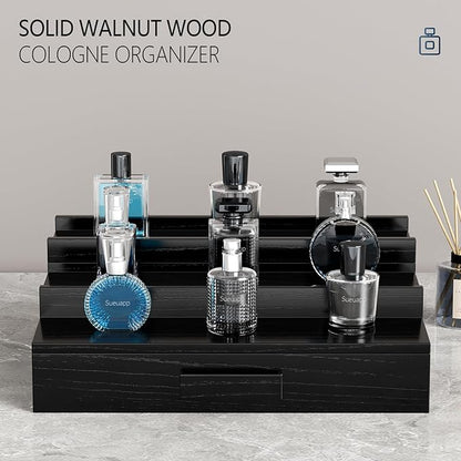 Walnut Wood Cologne Organizer for Men,3 Tier Cologne Stand,Cologne Shelf Display Holder,Perfume Stand Organizer with Hidden Compartment and Drawer,Great Gift for Men,Black