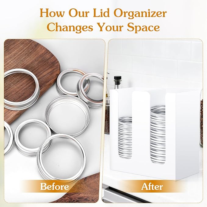 White Mason Jar Lid Organizer (Wide Mouth & Regular Mouth) 2 Compartment Cup Dispenser Organizer Ball Jar Wooden Storage Accessories for Kitchen Coffee Tumbler Lids, Fit Mason/Canning/Bamboo Lids