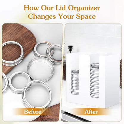 White Mason Jar Lid Organizer (Wide Mouth & Regular Mouth) 2 Compartment Cup Dispenser Organizer Ball Jar Wooden Storage Accessories for Kitchen Coffee Tumbler Lids, Fit Mason/Canning/Bamboo Lids