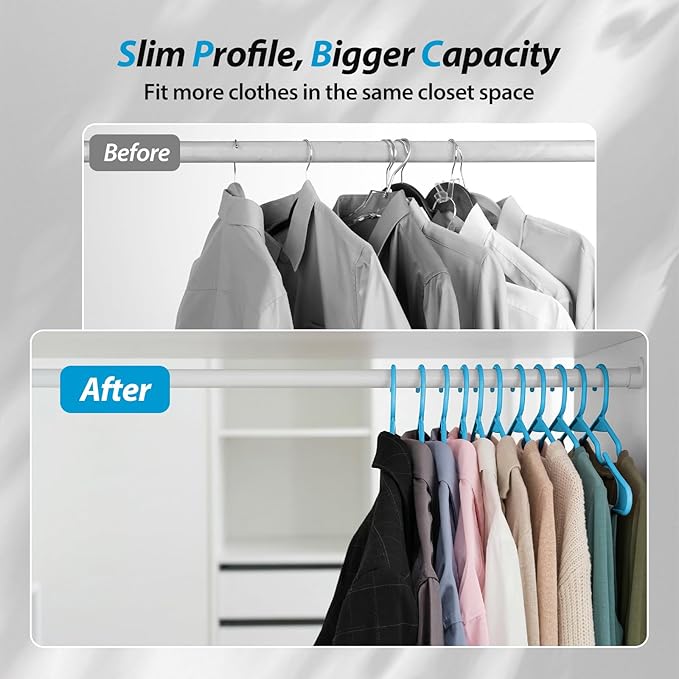 Plastic Hangers for Clothes - Durable & Versatile Color, Coat, Shirt & Pants Hangers - Space Saving Closet Storage Organizer Essentials with Non-Slip for Home, Dorm, Apartment (Blue, 50 Pack)