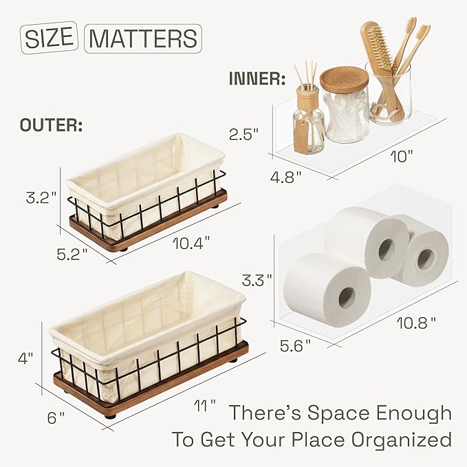 BAOBAB WORKSHOP Wooden Bathroom Basket Organizer & Storage, Toilet Paper Basket for Back of Toilet Tank Topper Tray, Paper Holder Basket for Bathroom Decor Box with Liners, Solid Wood & Wire, Set of 2