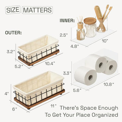 BAOBAB WORKSHOP Wooden Bathroom Basket Organizer & Storage, Toilet Paper Basket for Back of Toilet Tank Topper Tray, Paper Holder Basket for Bathroom Decor Box with Liners, Solid Wood & Wire, Set of 2