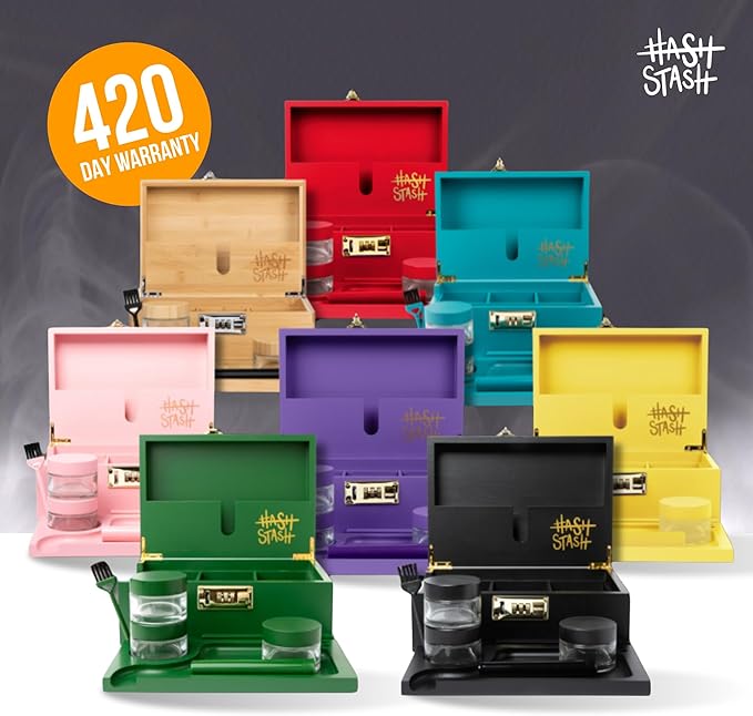 HASHSTASH The OG Storage Box - Large Bamboo Box with Combination Lock, Magnetic Lid, Organizer Tray, Airtight Tube and 3 Jars - Discreet Decorative Locking Wooden Box with Accessories (Black/Gold)