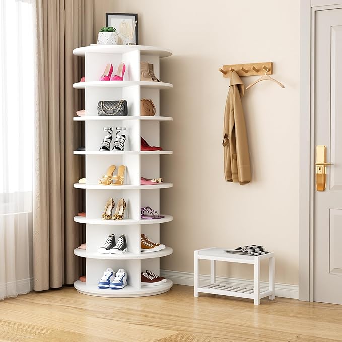 Rotating Shoe Rack 7 Tier Spinning Shoes Organizer Tower for 28-32 Pairs Lazy Susan 360 Revolving Shoe Storage Cabinet Rotate Shoe Handbag Rack Round Carousel for Closet, Bedroom (White)