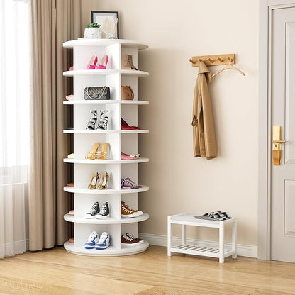 Rotating Shoe Rack 7 Tier Spinning Shoes Organizer Tower for 28-32 Pairs Lazy Susan 360 Revolving Shoe Storage Cabinet Rotate Shoe Handbag Rack Round Carousel for Closet, Bedroom (White)