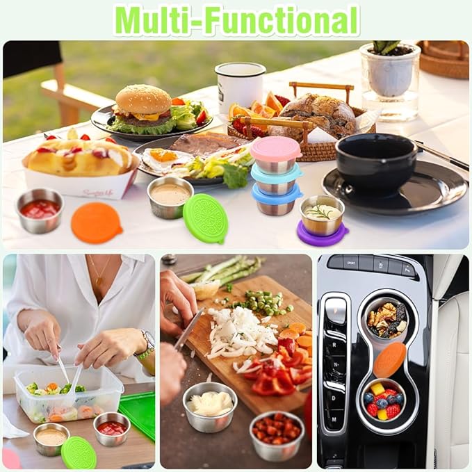 Showvigor 6-Pack 1.6oz Leakproof Salad Cups & 300ml Open-Top Stainless Steel Cup | Reusable Sauce Containers and Drinkware for Home, Office, Kitchen, Picnics – Dishwasher Safe