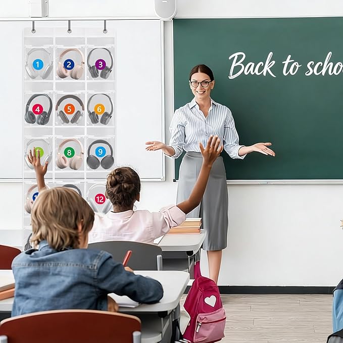 2 Pack Classroom Headphone Storage Organizer with 30 Pockets PVC Clear Organizer Holder with 4 Hooks for Headphone Organizer Classrooms