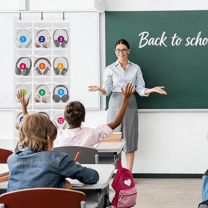 2 Pack Classroom Headphone Storage Organizer with 30 Pockets PVC Clear Organizer Holder with 4 Hooks for Headphone Organizer Classrooms
