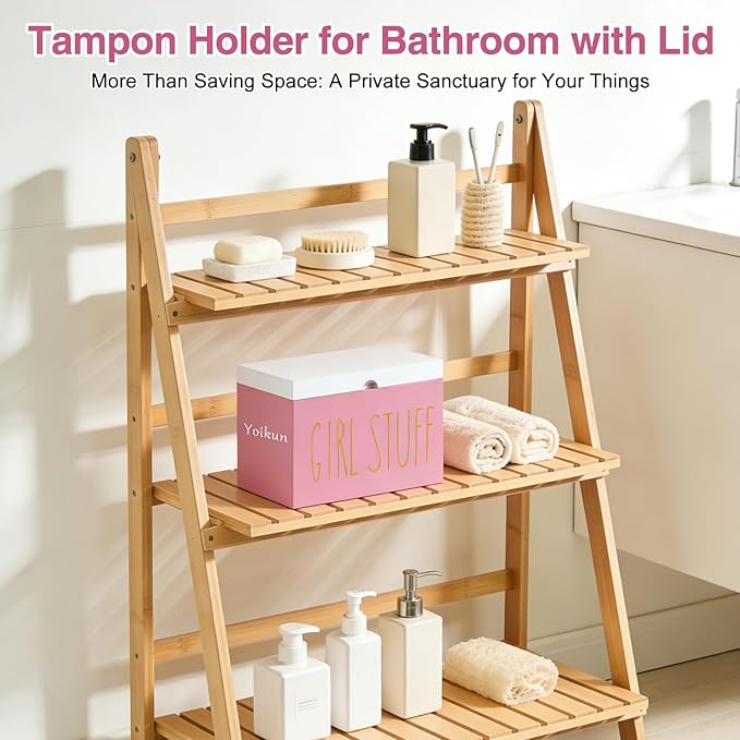Tampon Holder for Bathroom with Hinged Lid, Modern Farmhouse Feminine Product Organizer, Decorative Storage Box for Pads & Period Essentials, Toilet Tank or Countertop (Pink)