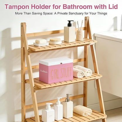 Tampon Holder for Bathroom with Hinged Lid, Modern Farmhouse Feminine Product Organizer, Decorative Storage Box for Pads & Period Essentials, Toilet Tank or Countertop (Pink)