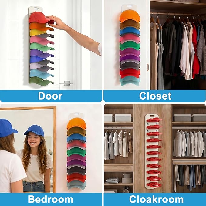 Hat Organizer for Baseball Caps 2 Pack, Detachable Hat Rack for Wall Hold up to 40 Hats, Dual Mounting Ways Universal Hat Holder for Closet, Door, Wall, Red