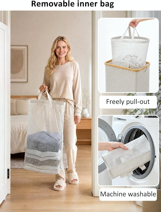 iEGrow 110L Laundry Basket with Lid, Laundry Hamper with Bamboo Handle,Clothes Basket Organizer with Removable Inner Bag for Clothes Towels,Light Grey