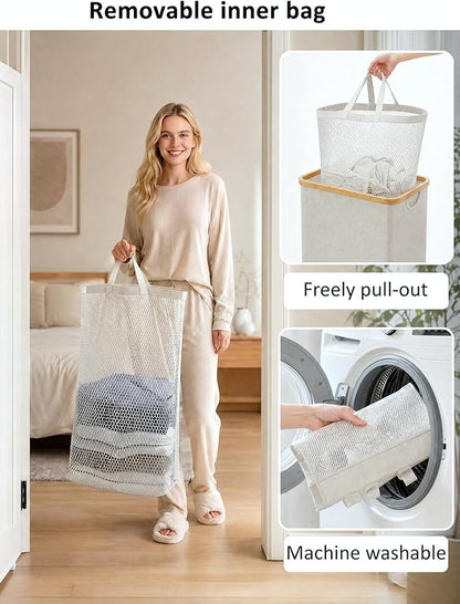 iEGrow 110L Laundry Basket with Lid, Laundry Hamper with Bamboo Handle,Clothes Basket Organizer with Removable Inner Bag for Clothes Towels,Light Grey