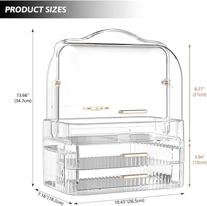 Clear Cosmetics Storage Box Transparent Lid Large Makeup Organizer Box Drawers Portable Handle Waterproof Dustproof Skincare Display Cases for Countertop Bathroom Dresser Gift