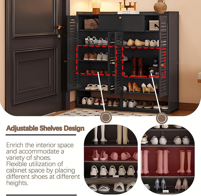 Shoe Storage Cabinet with Shutter Doors, 7 Tier Bamboo Shoe Cabinet Sneakers Shoe Rack Shelf for 36-40 Pairs, Shoe Organizer with Thickened Adjustable Shelves for Entryway, Hallway