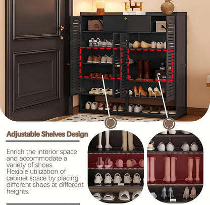 Shoe Storage Cabinet with Shutter Doors, 7 Tier Bamboo Shoe Cabinet Sneakers Shoe Rack Shelf for 36-40 Pairs, Shoe Organizer with Thickened Adjustable Shelves for Entryway, Hallway
