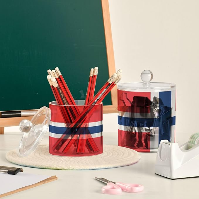 DOMIKING Norway Flag 2 Pack Bathroom Canisters Cotton Swab Holder Dispenser Plastic Cotton Ball Jar Acrylic Storage Containers for Floss Cotton Ball Makeup Sponges