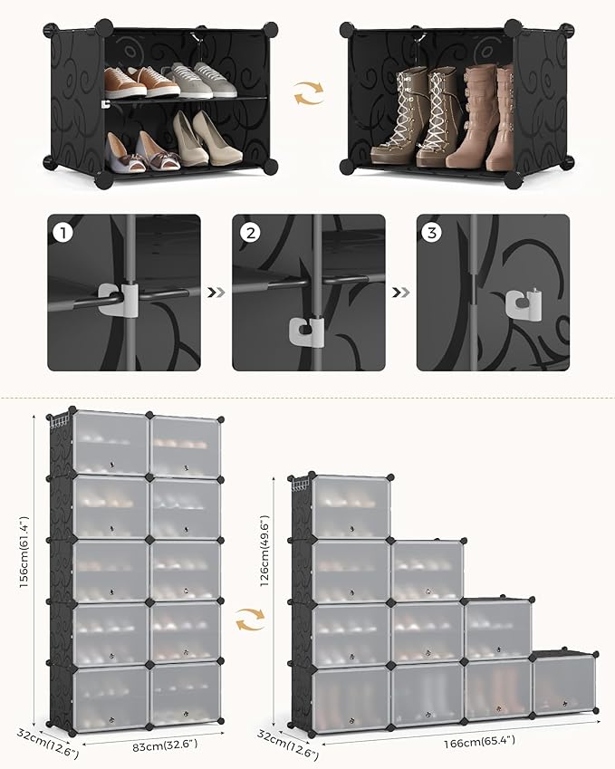 Mondeer Shoe Rack, Plastic Shoe Cabinet, 10 Levels, Shoe Rack Organiser Holds 40 Pairs of Shoes, Space Saving, for Hallway, Bedroom, Living Room, Entrance (Black)