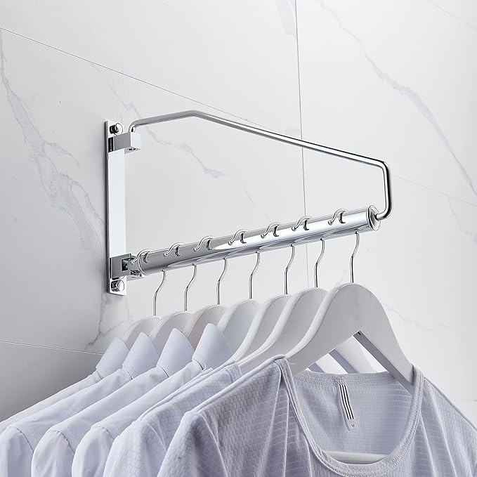 NEWRAIN Laundry Hanger, Wall Mounted Clothes Hanger with Swing Arm Holder Brass Hanging Drying Rack Space Saver,Chrome
