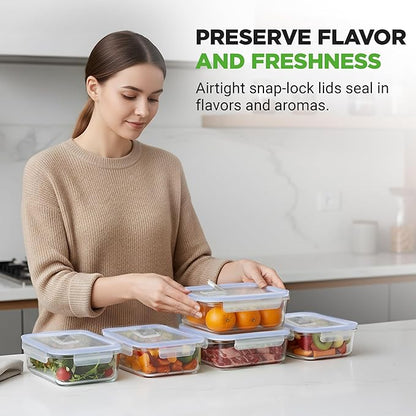 NutriChef 10-Piece Glass Food Containers - Stackable Superior Glass Meal-prep Storage Containers, Newly Innovated Leakproof Locking Lids w/Air Hole, Freezer-to-Oven-Safe (Blue)