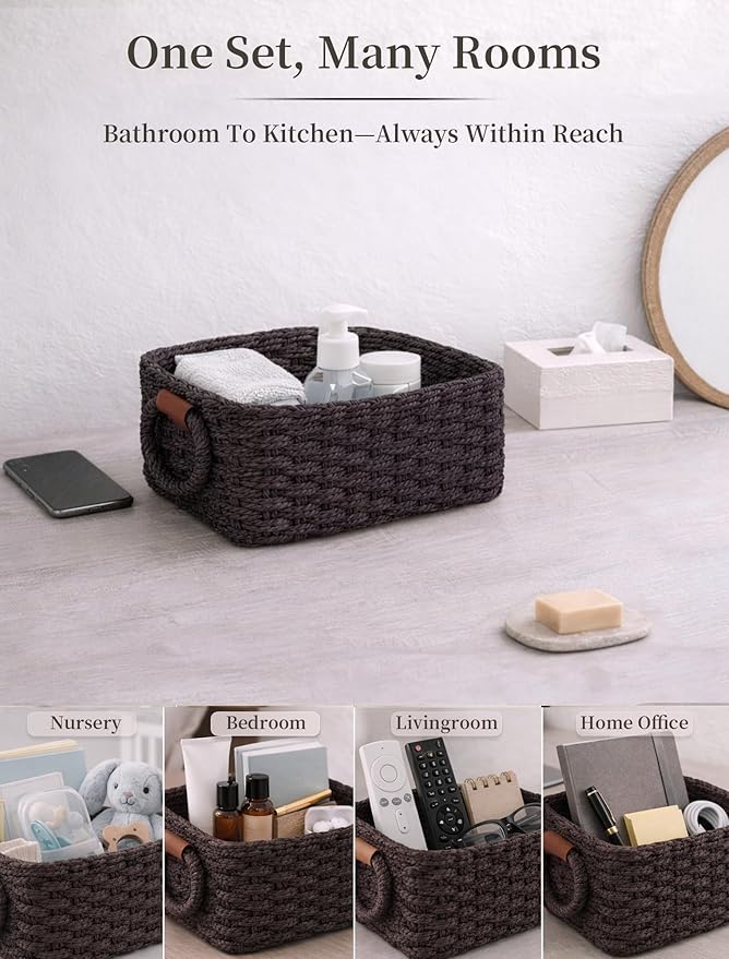 Storage Basket, Recycled Paper Rope Basket Organizer, 3Pcs Small Baskets for Organizing, Mini wicker Basket for Decorative Storage Bins, Shelves, Cabinet - Dark Brown