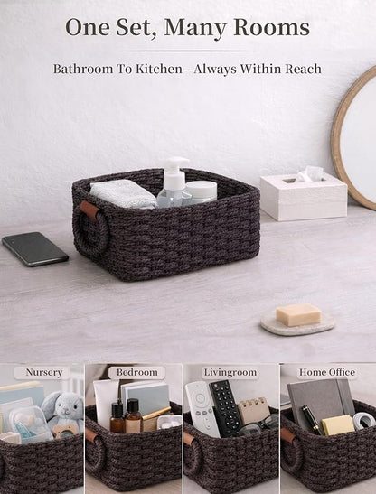 Storage Basket, Recycled Paper Rope Basket Organizer, 3Pcs Small Baskets for Organizing, Mini wicker Basket for Decorative Storage Bins, Shelves, Cabinet - Dark Brown