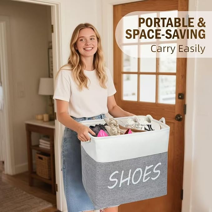 Large Fabric Shoe Basket,Flodable Shoe Storage Bin for Entryway,Hallway or Mudroom,Stylish Shoe Storage Container (Large-1 Pack)