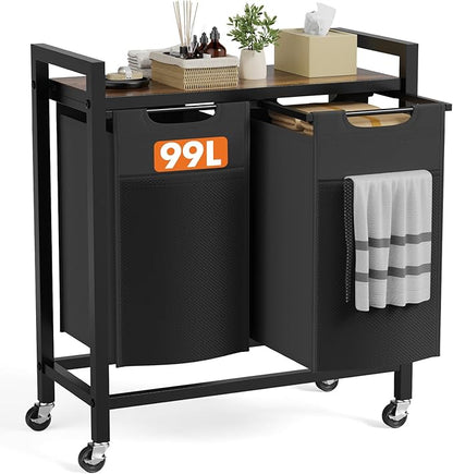 DUMOS Laundry Hamper with 2 Pull-Out Removable Sorter Bags, Movable Wheels, Freestanding Clothes Basket Organizer in Bathroom, 2 × 13.1Gal (99L) Capacity, Rustic Brown and Black