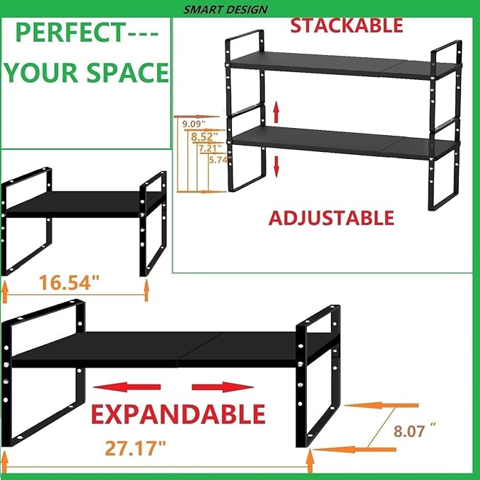 Jojocross Expandable Stackable Spice Rack Cabinet Shelf Organizer in Cabinets Shelves Kitchen Cupboard Organization Stack up Racks Pantry Countertop Storage Medium/Black 2 Packs