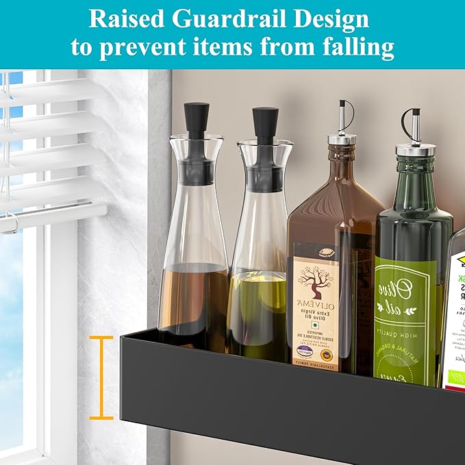 HuggieGems 4 Pack Magnetic Spice Seasoning Rack for Refrigerator, Magnetic Shelf Holder for Fridge with 4 Hooks for Kitchen Organization Storage, Black