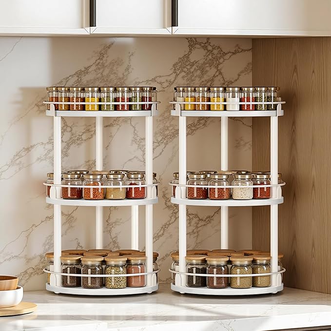 YATINEY Spice Rack, Set of 2 Lazy Susan Organizer, 3-Tier Turntable Organizer For Cabinet, Compact and Versatile, for Kitchen Countertop, White SR23L2WW