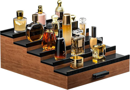Sephyroth Cologne Organizer 5 Tier of Elegant Bamboo Perfume Organizer for Men with Hidden Storage and Practical Drawer, Perfect for Cologne Display & Gift (5T-WalnutBlack)