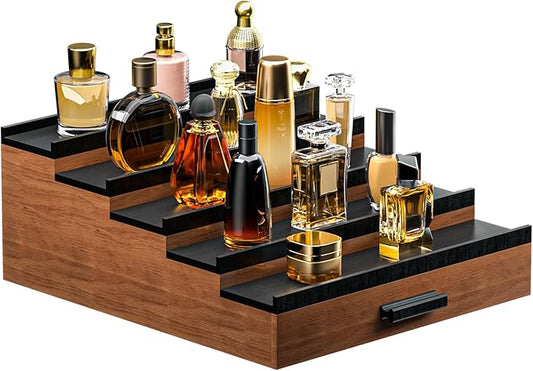 Sephyroth Cologne Organizer 5 Tier of Elegant Bamboo Perfume Organizer for Men with Hidden Storage and Practical Drawer, Perfect for Cologne Display & Gift (5T-WalnutBlack)