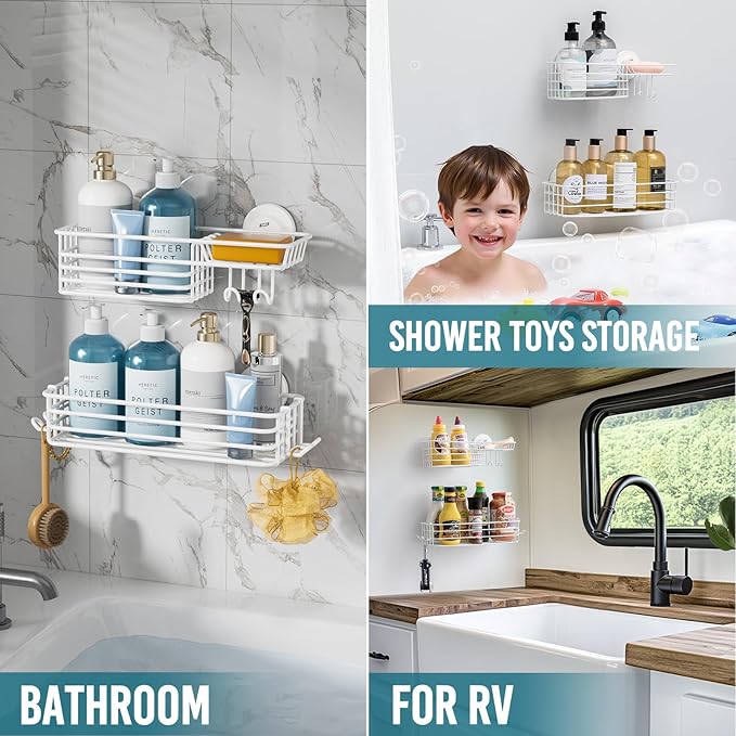 TAILI Shower Caddy Suction Cup 2 Pack with Hooks & Soap Holder, Heavy Duty Shower Organizer for Bathroom, No Drilling Bathroom Organizer with Large Capacity, Metal Storage Holder-White