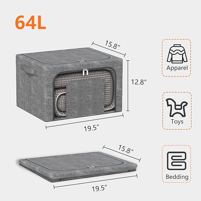 64L Large Stackable Storage Bins with Metal Frame (4 Pack), Foldable Fabric Clothes Organizer with 2 Clear Windows & Reinforced Handles, Dual-Opening Storage Containers for Closet, Underbed, Grey