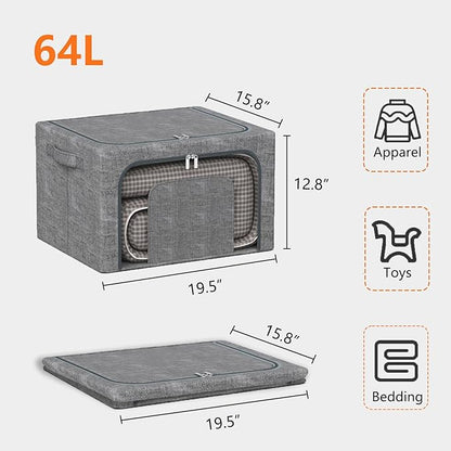 64L Large Stackable Storage Bins with Metal Frame (4 Pack), Foldable Fabric Clothes Organizer with 2 Clear Windows & Reinforced Handles, Dual-Opening Storage Containers for Closet, Underbed, Grey