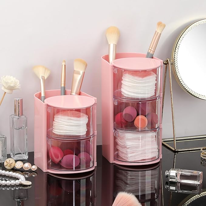 Hair Accessories Organizer with Hair Brush Holder Spinning Cosmetic Storage Case for Makeup Sponge Plastic Desktop Organizer, 3-Layer Pink