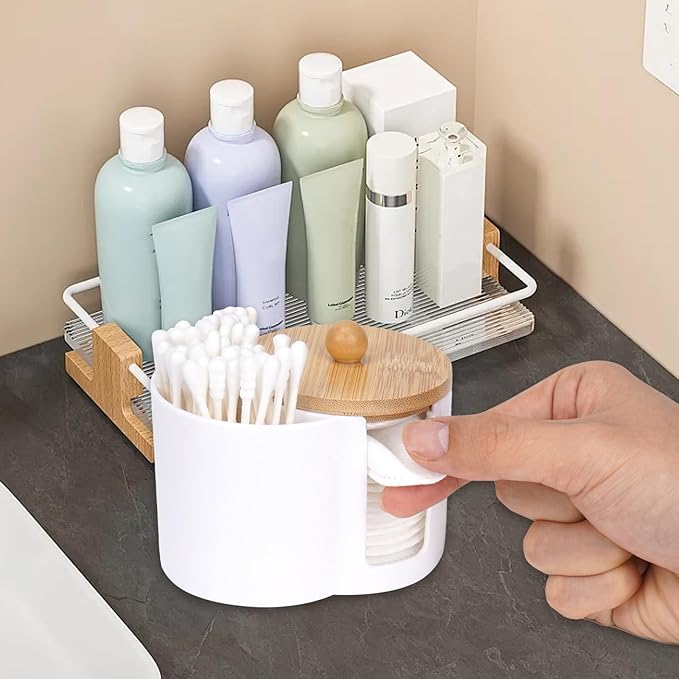 Adorila Compact Cotton Pad & Swab Holder with Bamboo Lid, Dust-Free Space-Saving Bathroom Vanity Organizer for Floss (White)