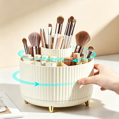 360 Degree Rotating Makeup Brush Holder Organizer Detachable Design 5 Slot Make up Brushes Cup for Cosmetics and Pencil Pen Organizer for Desk Makeup Organizer Skincare Storage for Vanity（Cream）