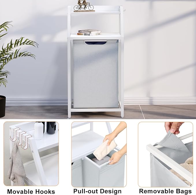 Timberer Laundry Hamper, Laundry Sorter, Rolling Laundry Basket with Wheels, 2 Shelves, 18 Gal(68L), Pull-Out and Removable Oxford Fabric Bags, White and Grey