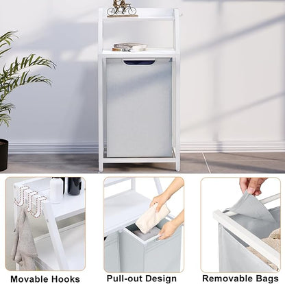 Timberer Laundry Hamper, Laundry Sorter, Rolling Laundry Basket with Wheels, 2 Shelves, 18 Gal(68L), Pull-Out and Removable Oxford Fabric Bags, White and Grey