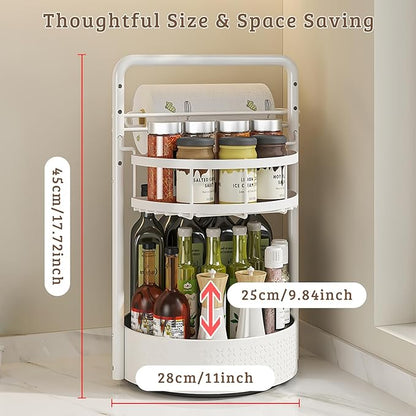 Rotating Spice Rack with Paper Towel Holder, 2 Tier Turntable Lazy Susan, Seasoning Organizer for Kitchen Countertop Cabinet, White