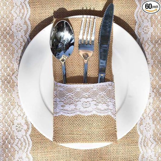 Awtlife 60 Packs Xmas Burlap Lace Utensil Holders Silverware Cutlery Pouch Knifes Forks Bag for Vintage Wedding
