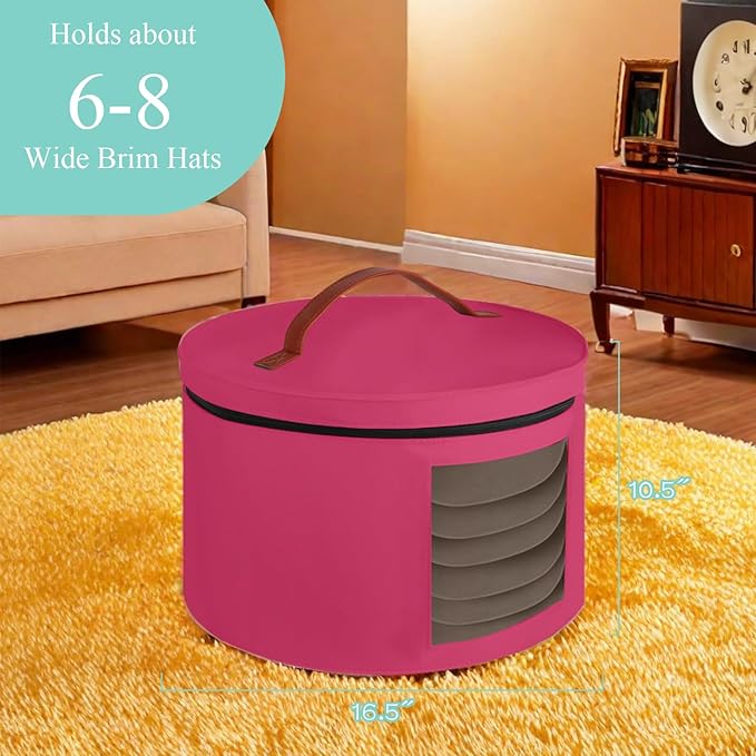 Hat Box,Hat Storage Box,Stackable Round Brim Hats Organizer Bag Container for Closet,Travel Hat Boxes for Women, Cowboy Hat Organizer, FoldableTravel Cap Boxes (09-Rose Red, 16.5" D x 10.5" H)
