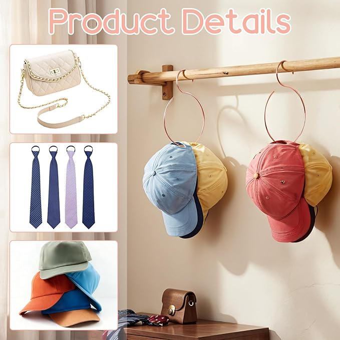 2 Pack Hat Hangers for Closet, Holds 20 Baseball Caps Sturdy Rose Gold Cap Holder Space-Saving Hat Rack Organizer for Wall or Rod Mount