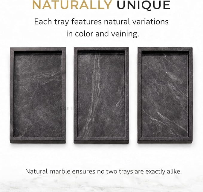 Natural Black Marble Tray for Bathroom | Kitchen | Vanity | Desktop, Stone Organizer for Coffee Table, Dresser, Nightstand, Candles, Soap, Towel, Plant, Jewelry (12" x 8"), Rectangular