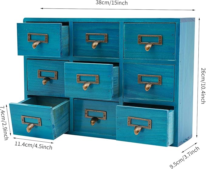 Schreibtisch-Organizer mit 9 Schubladen, Apothekerschrank, Schubladen-Organizer mit Etiketten und Metallgriffen, blau