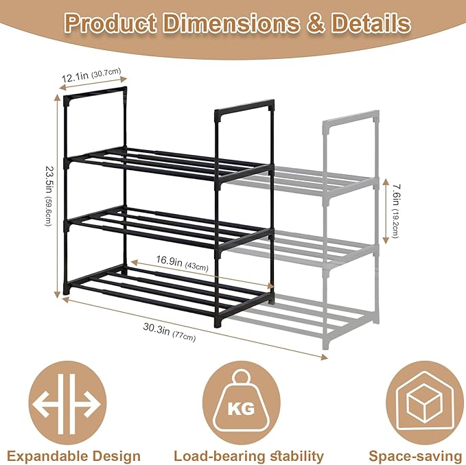 3-Tier Expandable Shoe Rack for 16-20 Pairs, Adjustable Metal Shoe Storage, Upright or Upside Down, Stackable, 15.7" W x 12" D x 21.45" H for Entryway, Door Entrance,Closet