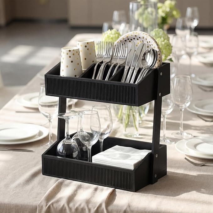Novabright 2 Tier Paper Plate Dispenser for Kitchen Counter, Paper Plate Organizer, Rustic Wooden Utensil Holder for Party Countertop Cutlery Flatware Storage Rack for Napkin Cup Spoon Fork(Black)